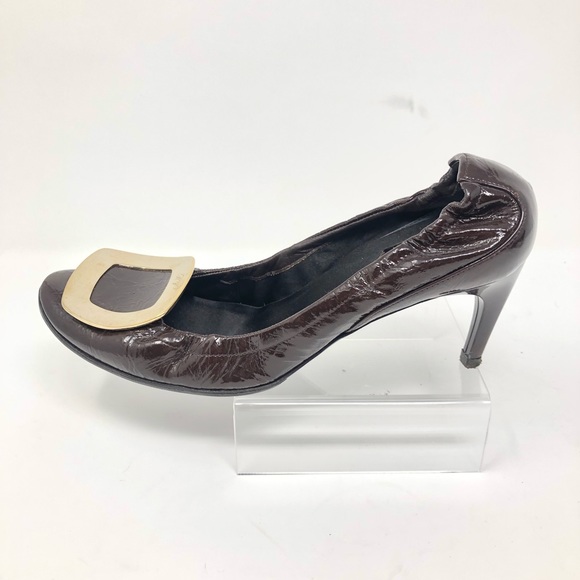 Roger Vivier Dark Brown Patent Leather Chips Elastic Heels / Pumps sz 37.5 - Picture 2 of 10